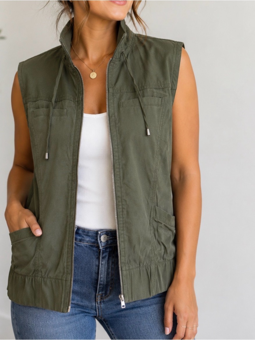 Christopher & Banks Olive Green Zip-Front Utility Vest full zip SZ SM
